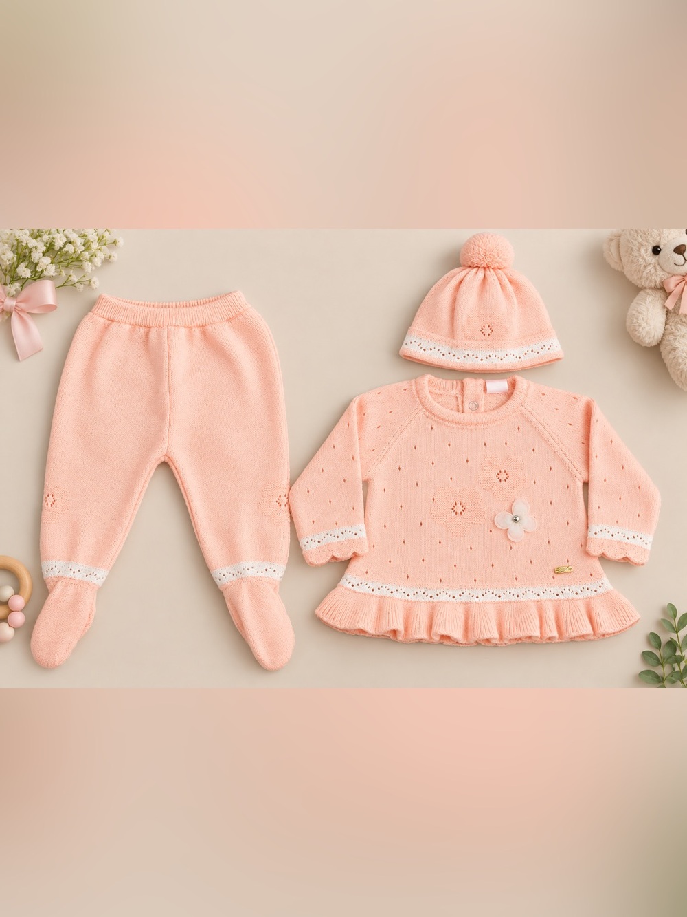 Woopy Baby Girls Pink Knit 3 Piece Outfit Set Size 1